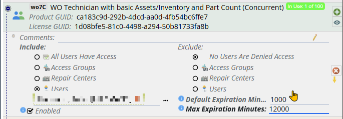 Shows setting Default for these users to 1000 minutes