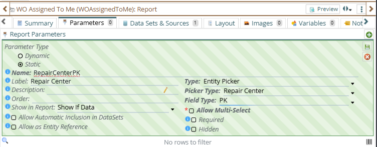 showing the parameter configuration