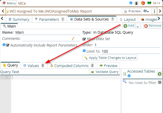 shows the values tab