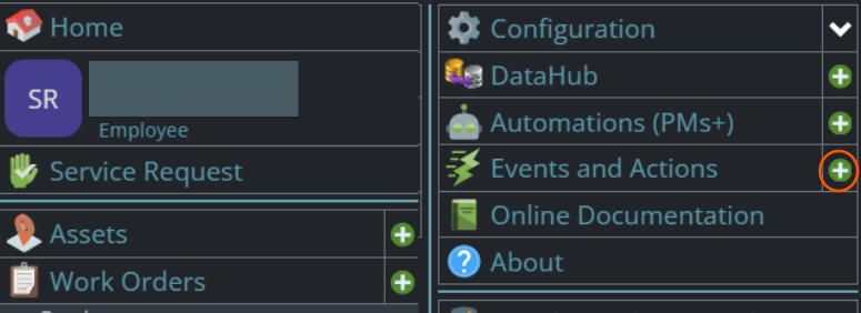 Shows UI for add button on menu for creating new event and action