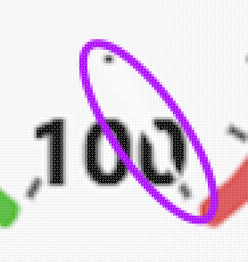 Shows needle going through the 2nd 0 of 100