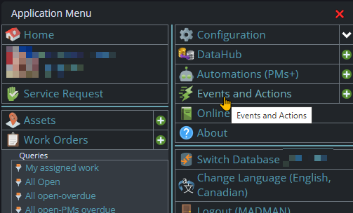 Shows location on menu of Events and actions