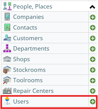 Users menu in People and Places in MCe application