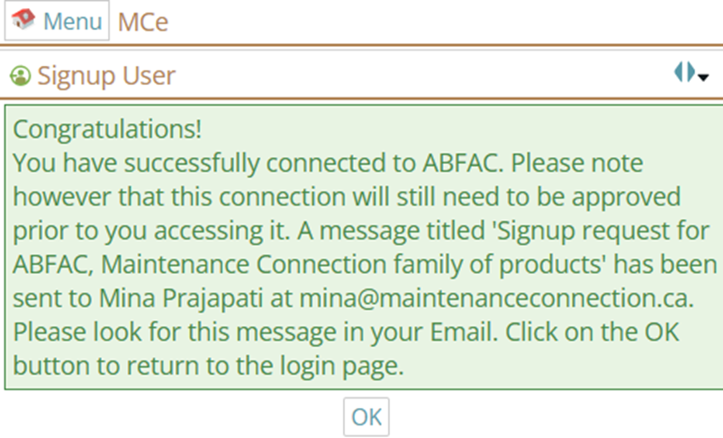 Message box indicating successful user sign up.